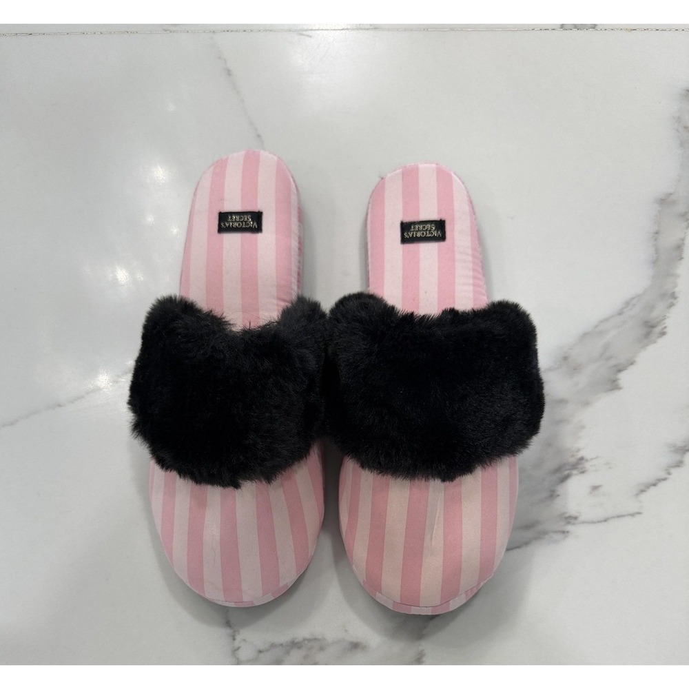Victoria's Secret Slippers‎ Shoes Womens Size 6 Pink Striped Faux Fur Slide